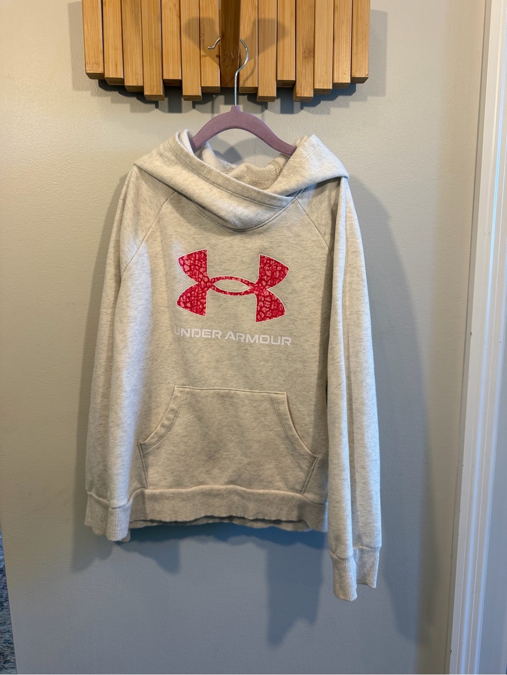 Girls Under Armour Cream Pullover Hoodie with Pink Logo